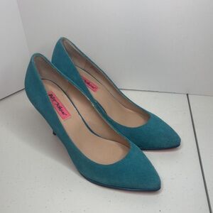 Betsey Johnson Turquoise Suede Pointed Heel Pumps Floral Pink Bottom Women